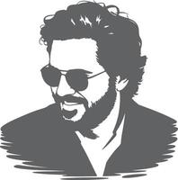 Gray Scale Silhouette Portrait of a Man with Curly Hair and Sunglasses Smiling Slightly vector