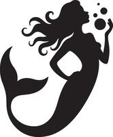 Black Silhouette Mermaid Blowing Bubbles Long Hair Aquatic Tale Ocean Mythological Creature Woman Sea Fairy Tale Fantasy Art Graphic Design vector