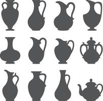 Twelve Gray Silhouette Jugs Pitchers and Vases Collection Various Shapes and Sizes Amphoras and Teapots Included Simple Design Elements vector