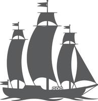 Gray Silhouette of a Three Masted Sailing Ship on Water with Small Flags sailboat vector