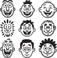 Nine Black and White Cartoon Faces with Varying Expressions Happy Smiling Silly Joyful Expressions Silhouette Style Illustrations vector