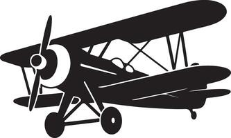 Black Silhouette of a Vintage Biplane Airplane with Propeller Wheels and Detailed Wings vector