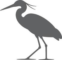 Grey Silhouette of a Heron Bird Standing on One Leg Long Neck and Beak Detailed Feathers on Head Simple Minimalist Design Wildlife Animal Graphic vector