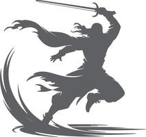 Gray Silhouette of a Warrior Leaping Forward Sword Raised High Dynamic Action Pose Medieval Knight Figure in Motion Abstract Graphic Design vector