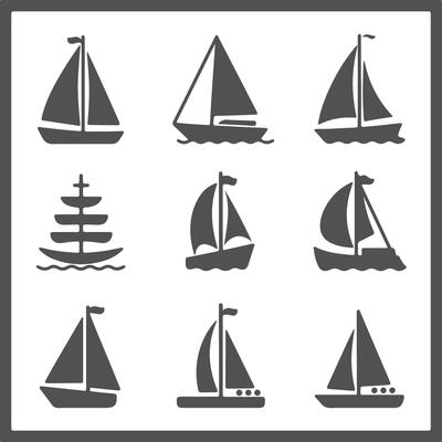 Nine Dark Gray Sailboat Silhouettes on White Background Simple Nautical Icons Set Graphic Design Elements for Website App or Print