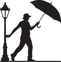 Black silhouette of a man in a hat holding an umbrella next to a street lamp on a white background simple graphic design illustration vector