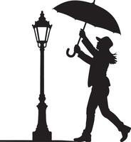 Silhouette of a Woman Walking with an Umbrella Near a Street Lamp Black and White Graphic Design vector