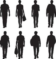 Eight Black Silhouettes of People Walking Carrying Bags and Walking in Casual Attire on White Background vector