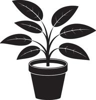 Black Silhouette of a Houseplant in a Pot with Multiple Oval Leaves Growing Upwards Simple Minimalist Botanical Illustration vector