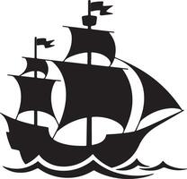 Black Silhouette of a Three Masted Sailing Ship on the Ocean Waves Simple Nautical Vessel Graphic Illustration vector