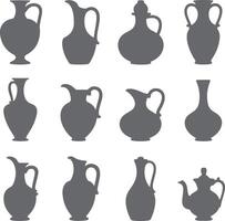 Twelve Gray Silhouette Jugs Pitchers and Vases Collection Various Shapes and Sizes Simple Pottery Design Elements Gray Scale Icons vector