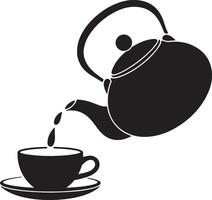 Black silhouette teapot pouring tea into a cup on a saucer simple graphic design illustration monochrome kitchenware beverage hot drink caffeine vector