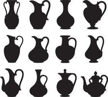 Twelve Black Silhouettes of Vintage Pitchers and Jugs Various Shapes and Sizes Classic Pottery Designs Home Decor Elements Kitchenware vector