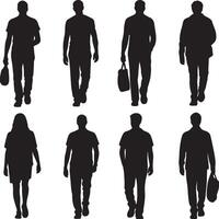 Eight Black Silhouettes of People Walking Carrying Bags Some Facing Forward Others Backwards on White Background vector