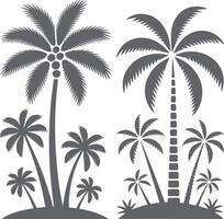 Gray Silhouette Tropical Palm Trees Island Scene Illustration Two Large Palm Trees Smaller Palms Coconuts Simple Design Graphic vector
