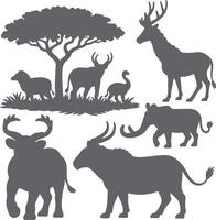 Gray Silhouette Collection of Prehistoric and Modern Animals African Savanna Setting Tree Background Various Horned Mammals Extinct Creatures vector