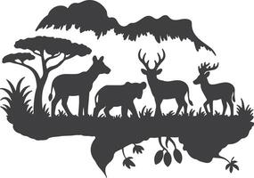 Dark Gray Silhouette of African Animals in Savanna Landscape with Trees and Grass Silhouette Illustration vector