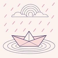 Pink paper boat under a rainbow with rain illustration vector