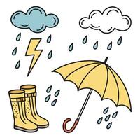 Cartoon Rain Illustration with Clouds Lightning Umbrella and Rain Boots vector