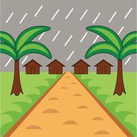 Cartoon Illustration of a Rainy Day Scene with Houses and Palm Trees vector