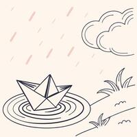 Paper Boat Floating in Rain with Cloud and Grass Illustration vector