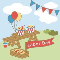 Labor Day Picnic Scene with Balloons Cupcakes and Banner vector