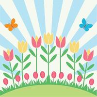 Cartoon tulips and butterflies against a blue and white striped background vector