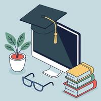 Graduation Cap on Computer Screen with Books and Plant vector