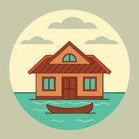 Cartoon House with Boat on Water Under Cloudy Sky clouds vector