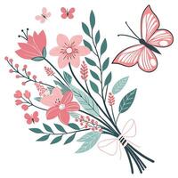 Floral Bouquet with Butterflies in Pink and Teal on White Background vector
