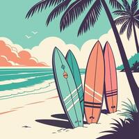 Surfboards on Beach with Palm Trees and Ocean sand vector