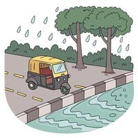 Auto rickshaw on a rainy street vector