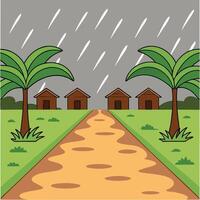 Cartoon illustration of a rainy day with houses palm trees and a path vector