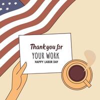 Labor Day Greeting with American Flag Coffee and Thank You Note vector