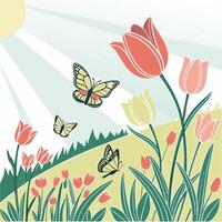 Colorful Tulip Garden with Flying Butterflies and Sun Rays vector