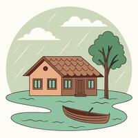 Illustration of a Flooded House with a Boat and Tree in the Rain vector
