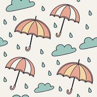 Pattern of umbrellas clouds and raindrops in pastel colors vector
