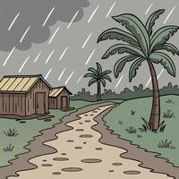 Cartoon Illustration of Rainy Scene with Palm Trees and Muddy Road vector