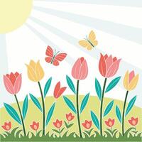Colorful tulip field with butterflies and sun illustration vector