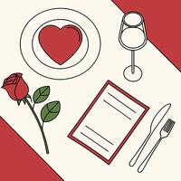 Romantic Dinner Table Setting with Red Heart Plate Rose and Wine Glass vector