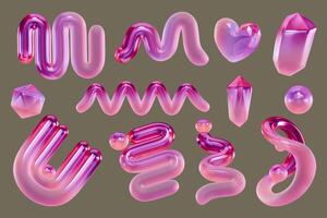 Objects pink holographic decoration set pack isolated background 3d rendering photo