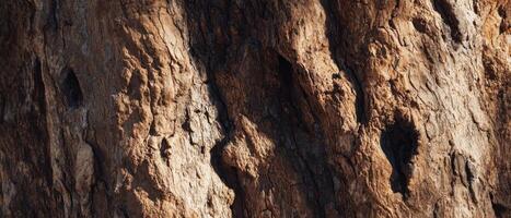 Closeup of sunlit rough tree bark texture in natural environment photo