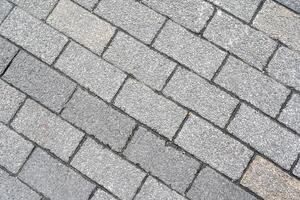 Textured grey paving stones laid in a diagonal pattern, creating a durable and classic outdoor surface. The rough texture and varying shades of grey provide a natural and sturdy backdrop. photo