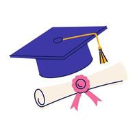 Graduation Cap for a College, High School or University Student. Square Hat with Tassel and Diploma Scroll. Flat Education Symbol. Illustration Isolated on White Background vector