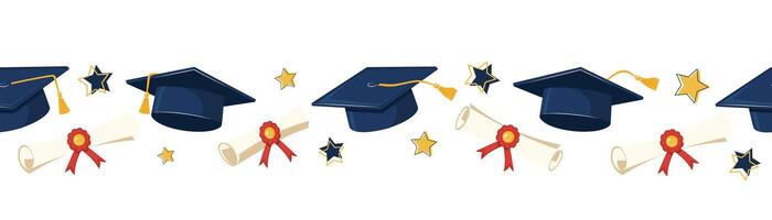 Graduation Cap With Diploma Scrolls And Stars. Horizontal Seamless Border. Banner Education Celebration Concept For Poster And Invitation. vector