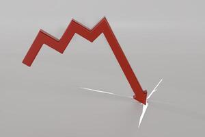 3d render of a red downward arrow hitting the ground and cracking. concept of selling or falling stock market photo