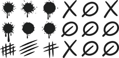 Ink splatters, crosses, circles with lines, hash marks on background graphic elements vector