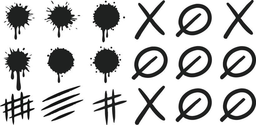 Ink splatters, crosses, circles with lines, hash marks on background graphic elements