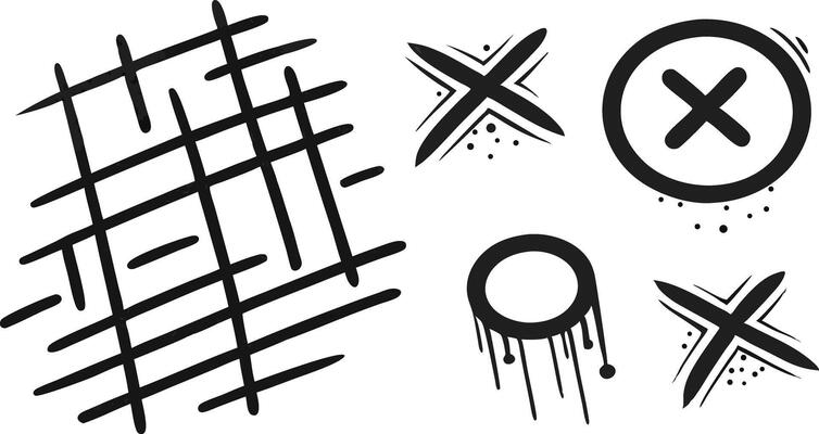 Hand drawn graphic elements including cross marks grid circle drips on background