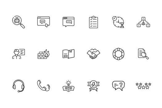 Outline web icons set depicting customer service elements like bug search, chat, help, support vector